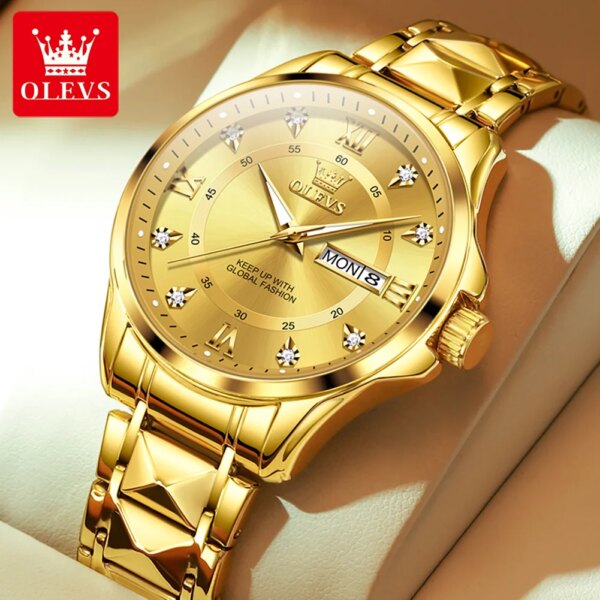 OLEVS Luxury Brand Original Men's Watches Waterproof Luminous Week Calendar Stainless Steel gold Quartz Watch Fashion Wristwatch