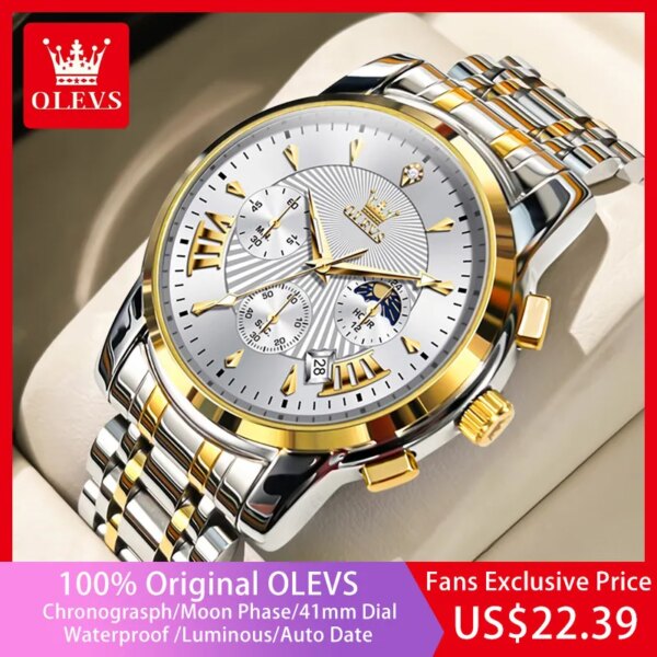 OLEVS Luxury Brand Quartz Watch for Men Waterpoof Chronograph Men's Wristwatch Auto Date Dual Calendar Moon Phase Man Watch New