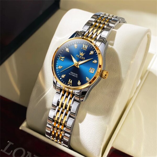 OLEVS Luxury Women Watch Top Brand Fashion Diamond Blue Dial Waterproof Automatic Mechanical Ladies Wristwatch reloj para mujer