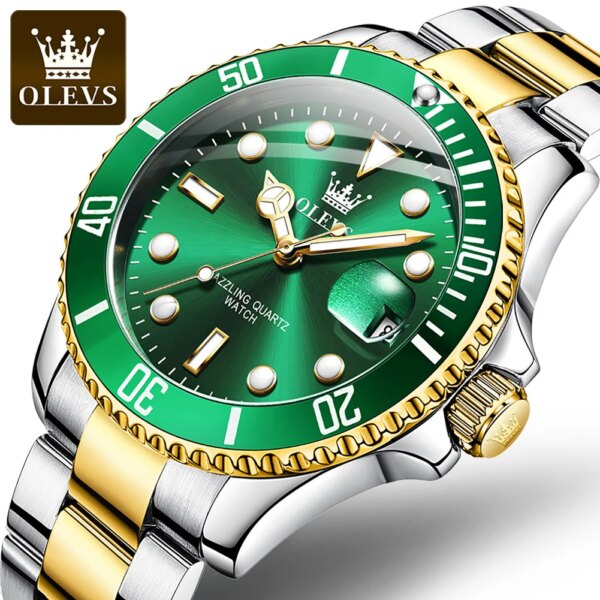 OLEVS Men Watch Diver Green Waterproof Watch for Men Stainless Steel Quartz Men Luxury Watch Luminous