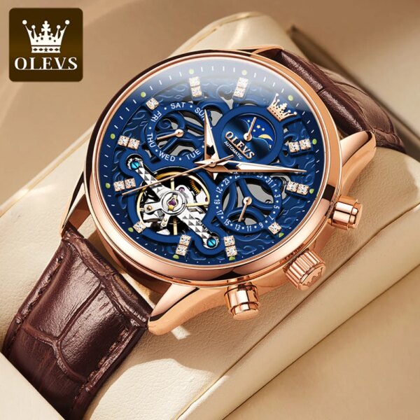 OLEVS Men's Watches Leather strap Waterproof Skeleton Men's Wrist watch Multifunctional Moon Phase Calendar Automatic Men Watch