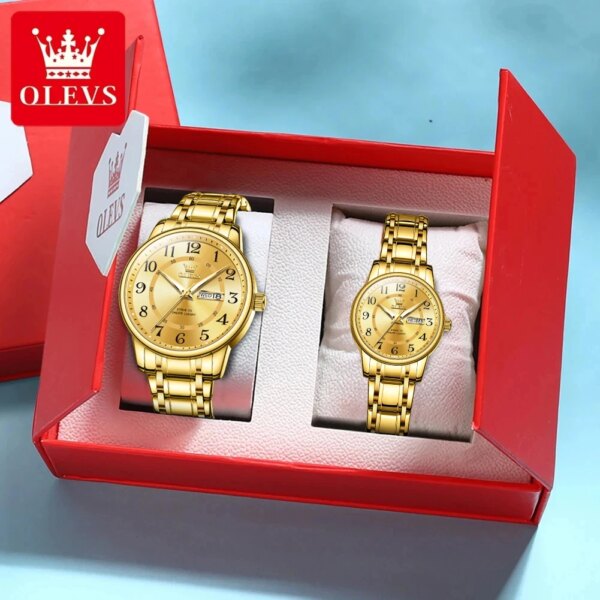 OLEVS NEW Classic Luxury Quartz Couple Watch for Men Women Calendar  Luminous Stainless steel Waterproof Couple Watches Set Gift