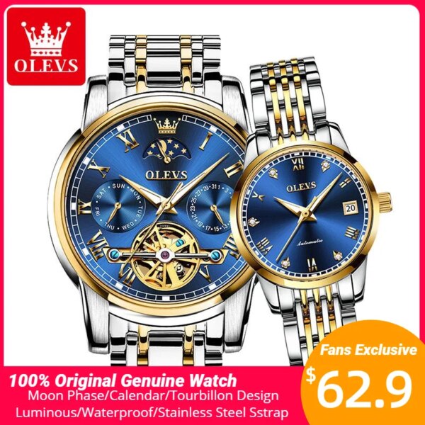 OLEVS New Couple Watch Sets Switzerland Wristwatch Automatic Mechanical Watch for Men Women Stainless Steel Lover's Watches Gift