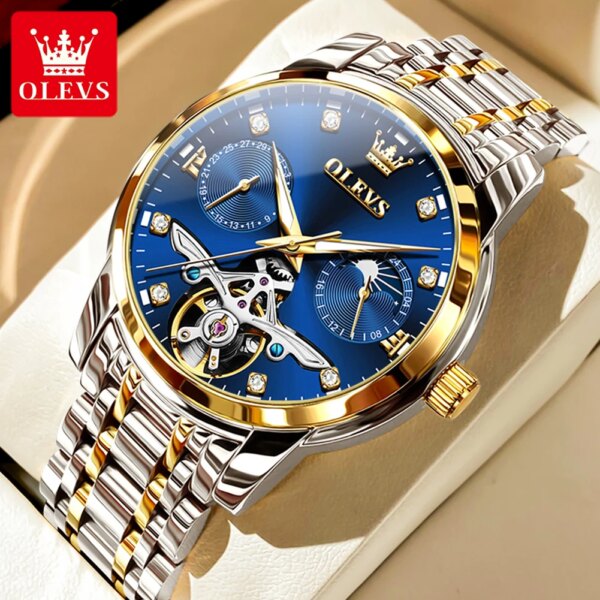 OLEVS New Men's Skeleton Automatic Watches Original High Quality Stainless Steel Watch for Men Luxury Mechanical Wrist Watch Men