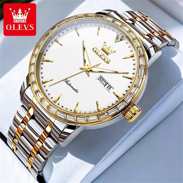 OLEVS Original Automatic Mechanical Watch for Men Luxury Diamond Lap Calendar Luminous Waterproof Men Wristwatch relojes hombres