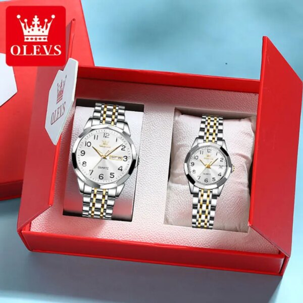 OLEVS Rhomboid Mirror Couple Watch Sets for Men Women Fashion Classics Luxury Men Wristwatch Women Couple's Watches Box Set