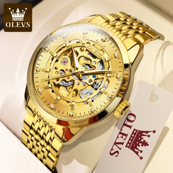 OLEVS Top Luxury Brand Male Wristwatch Gold Luminous Automatic Mechanical Watch Waterproof Hollow Out Original Men's Watch