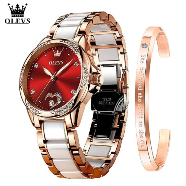 OLEVS Watch for Women Automatic Mechanical Ladies Wrist Watch Stainless Steel Ceramic Watchband Heart Diamond Girls Dress Watch