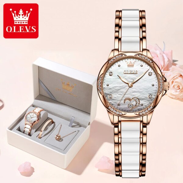 OLEVS Women's Automatic Mechanical Watch Date Ladies Wristwatch Luxury Ceramic Fashion Women Watches Stainless Steel Reloj Mujer