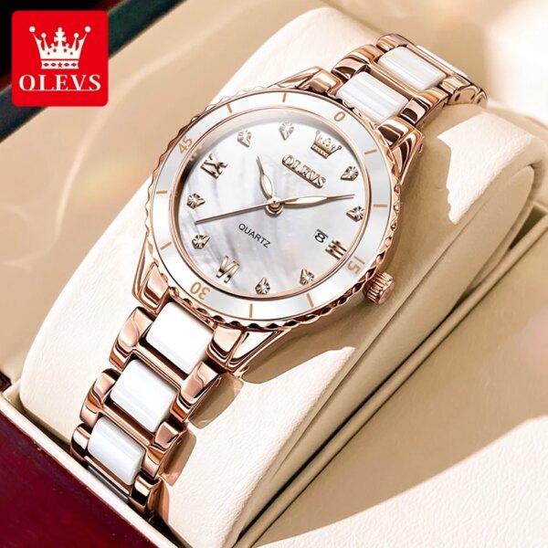 OLEVS Women's Watches Elegant Fashion Ceramics Quartz Wirtwatch for Ladies Diamond Scale Date Display Waterproof Luminous