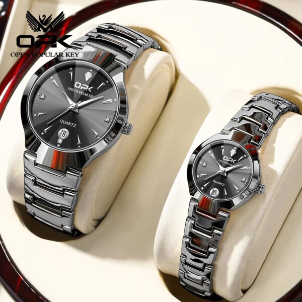 OPK 8105 Couple Quartz Watch Classic Fashion Waterproof Glow Tungsten Steel Band Luxury Date Week Men's and Women's Couple Watch