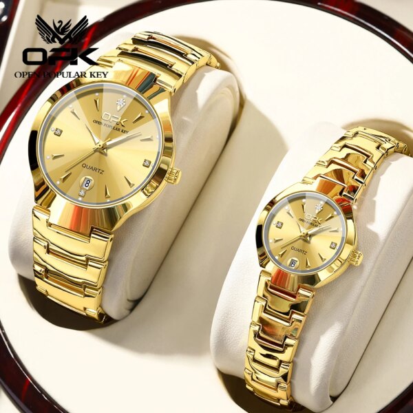 OPK Couple Quartz Watch Luxury All Gold Waterproof Fashion Tungsten Steel Band Elegant Dating Week Couple Watch for Men Women