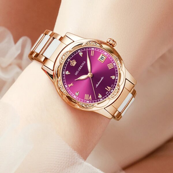 ORKINA Original Luxury Watch for Women Ceramics Automatic Mechanical Wristwatch Calendar Purple Dress Ladies Fashion Reloj Mujer