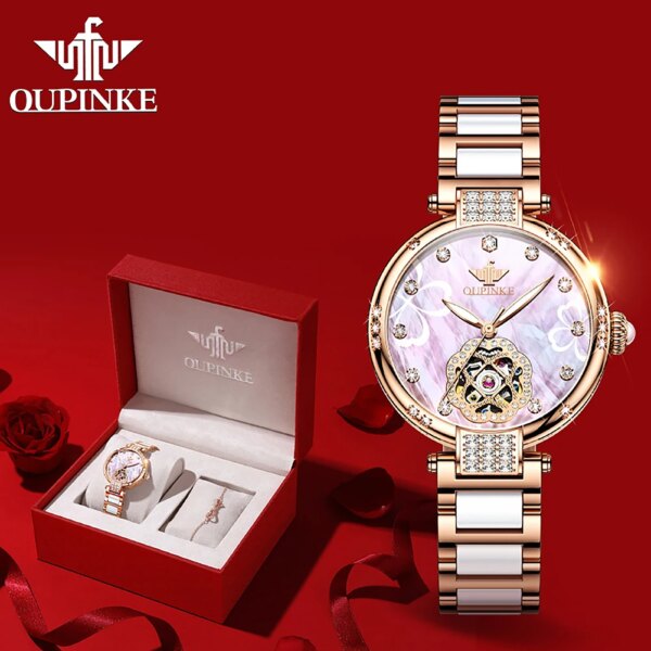 OUPINKE 3183 Skeleton Luxury Mechanical Watch For Women Diamond Waterproof Ladies Automatic Hand Clock Original Women's Watches