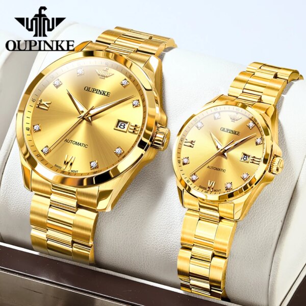 OUPINKE 3199 Real Diamond Couple Watch for Men Women High Quality Sapphire Mirror Luxury Lover's Automatic Mechanical Wristwatch