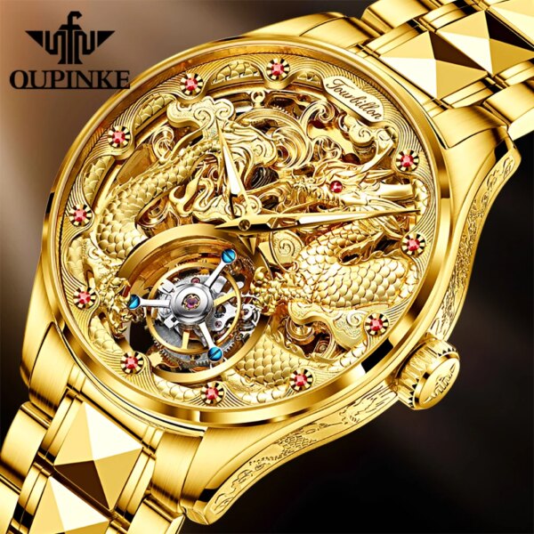 OUPINKE Brand High End Men's Watches Tourbillon Movement Luxury Fully Automatic Mechanical Watch Waterproof Tungsten Steel Strip