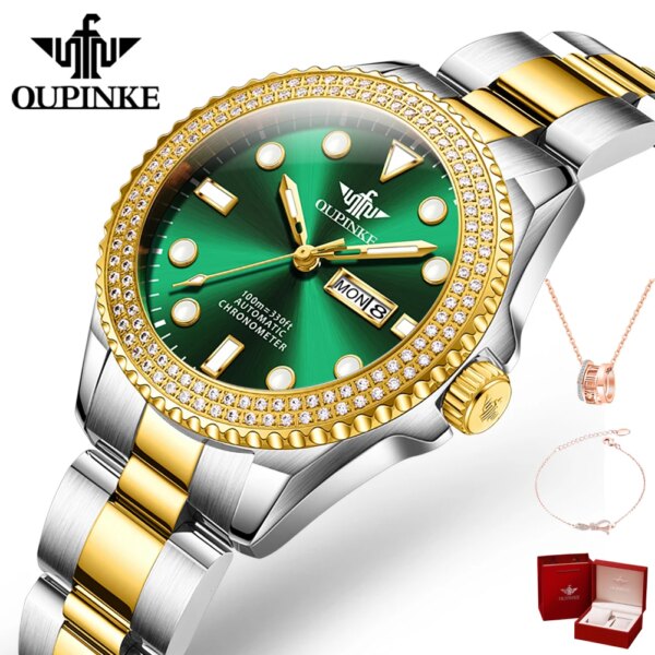 OUPINKE Diamond Automatic Watch for Women Luxury Classic Brand Mechanical Watch Swiss Luminous 100m Waterproof Ladies Wristwatch