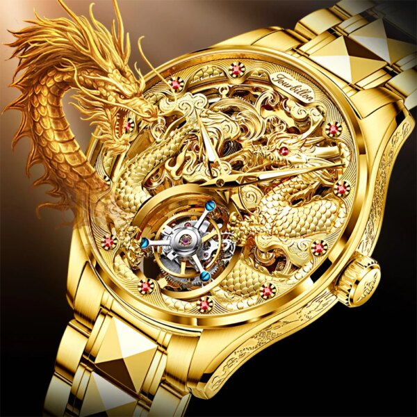 OUPINKE Gold Dragon Automatic Watch for Men Tourbillon Skeleton Mens Watches Original High Quality Luxury Mechanical Wristwatch