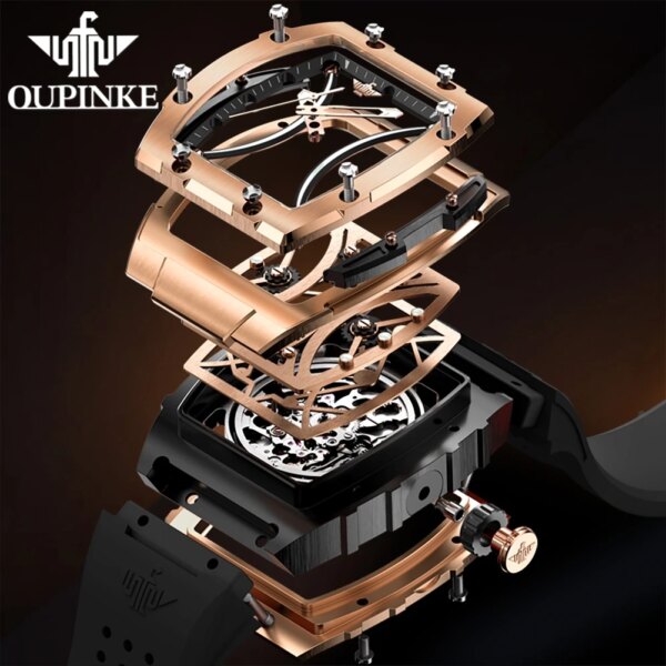 OUPINKE High end Luxury Brand Men's Watch Automatic Mechanical Watch Silicone Adhesive Tape Hollow out Tonneau Waterproof