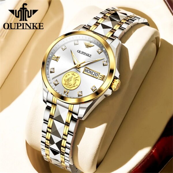 OUPINKE Inlaid Real Gold Phoenix Design Automatic Mechanical Wrist Watches Women Luxury Brand Original Luminous Calendar Week