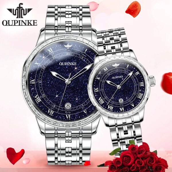 OUPINKE Luxury Brand Couple Watch Men and Women Automatic Mechanical Watch Calendar Romantic Gift Original Wristwatch Starry