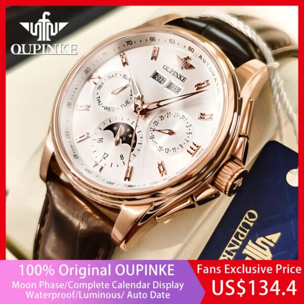 OUPINKE Luxury Brand Watches for Men Automatic Mechanical Watches Genuine Leather Band Waterproof Moon Phase Men's Wristwatches