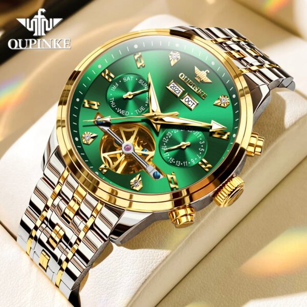 OUPINKE Original Luxury Automatic Watch for Men Mechanical Sapphire Fashion Waterproof Skeleton Stainless Steel Wristwatches Man