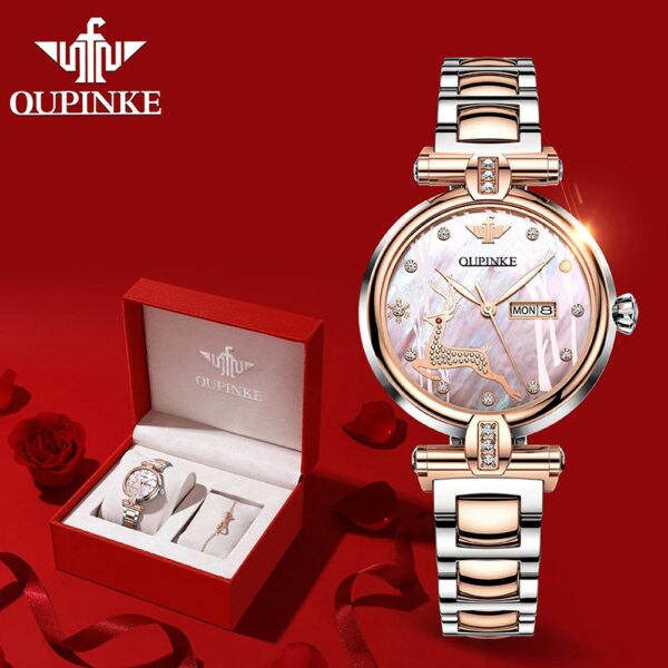 OUPINKE Original Women's Watches Fashion Luxury Waterproof Fully Automatic Mechanical Strap Calendar Diamond Embedding Exquisite