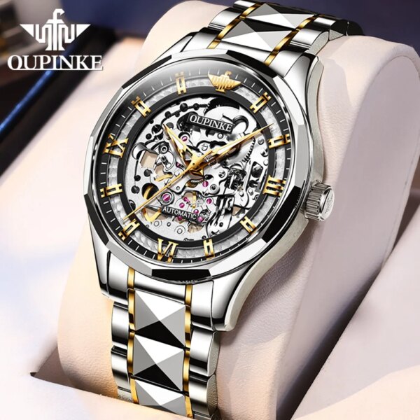 OUPINKE Skeleton Original Men's Wrist Watches Stainless Steel Waterproof Automatic Mechanical  Watch for Men Luxury Male Watch