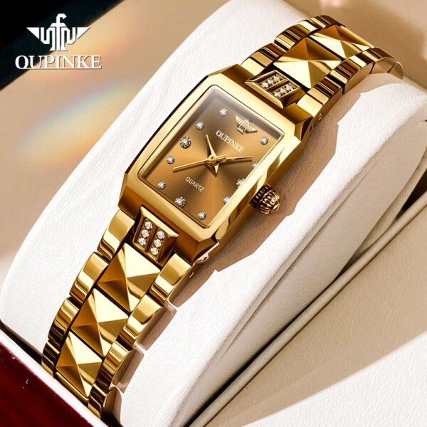 OUPINKE Women's Watches Top Brand Luxury Square Tungsten Steel Watch for Ladies Original Swiss Certification Movement Waterproof