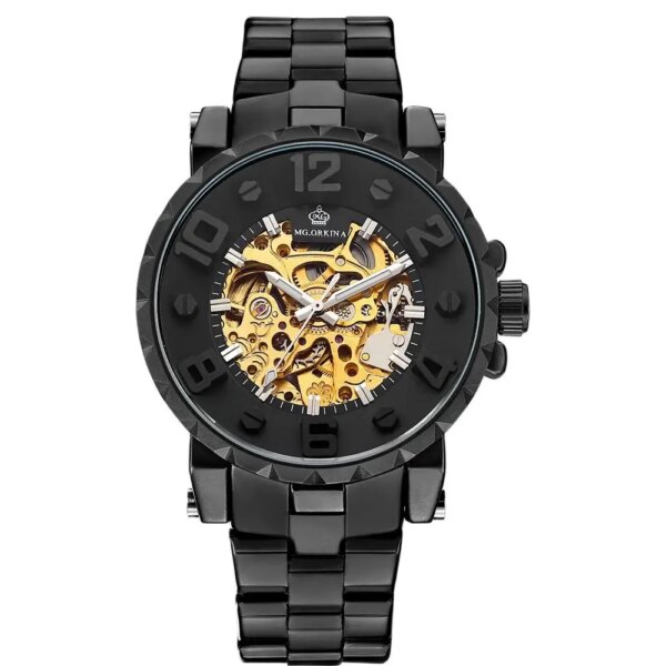 Orkina Luxury Men Wristwatches Golden Skeleton Clock Mechanical Male Wrist Watch Black Relogio Masculino Automatic Zegarek Meski