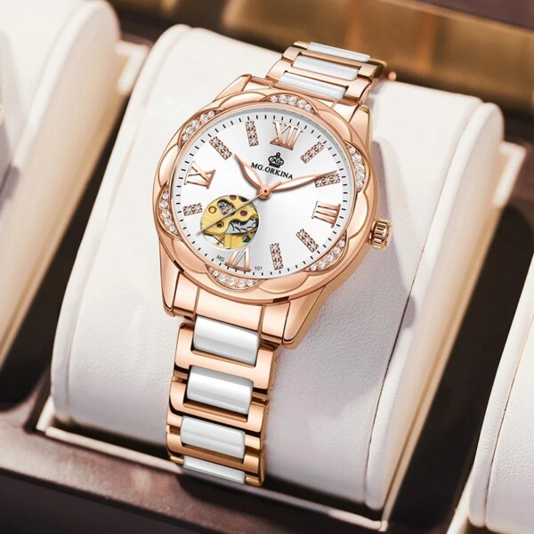 Orkina New Ceramics Designer Watch for Women Luxury Brand Rose Gold Fashion Diamond Automatic Self-Wind Mechanical Wristwatches