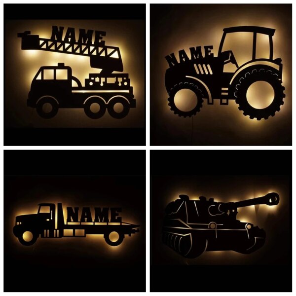 Personalized LED Wall Lamp Car Tank Trucker Fire Truck Tractor Custom Name Wooden Night Light for Kids Children Room Decoration