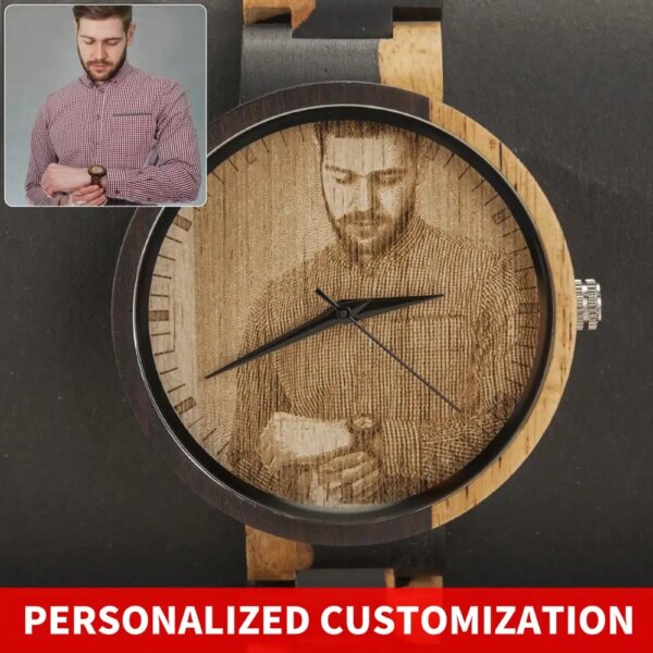 Photo Engraved Men Watch Women Personalized Wooden Wristwatch as Gift for Him or Her Custom Gift Birthday Anniversary Present