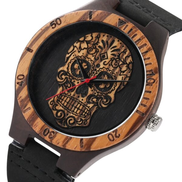 Punk Vintage Ebony Wood Watch for Men Quartz Wristwatch Black Genuine Leather Watch Band Unique Wooden Case Men's Watches reloj