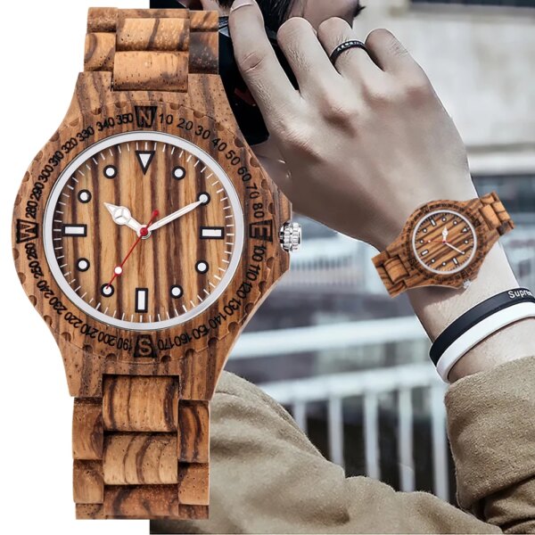 Quartz Zebra Wood Watch for Men Simple Scale Wooden Dial Watches Practical Full Wood Strap Folding Buckle Mens Wristwatch Gifts