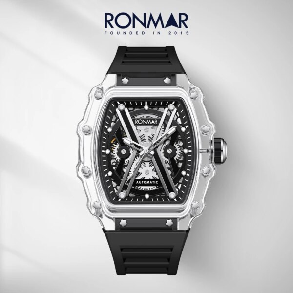 RONMAR Brand New Men Automatic Mechanical Watches  Skeletonized Tonneau Sport Wristwatch Men's Clock  Trendy Luxury Watch BA01