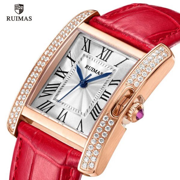 RUIMAS Women Genuine Leather Automatic Watches Red Top Brand Luxury Square Analog Wristwatch Ladies Female Mechanical Watch 6773