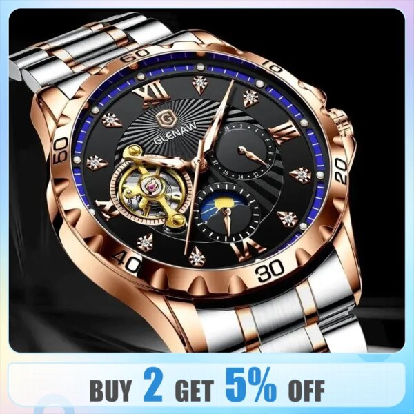 relogios masculino GLENAW Mens For Watches Top Brand Luxury reloj hombre Stainless steel moon phase watch men montre homme