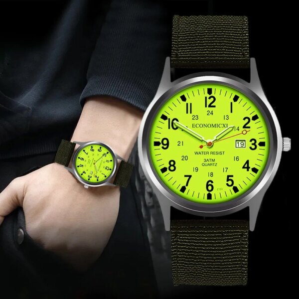 Reloj Hombre Fashion Green Watches Men Sports Watches Nylon Strap Auto Date Quartz Wristwatches Luminous Hands Relogio Masculino