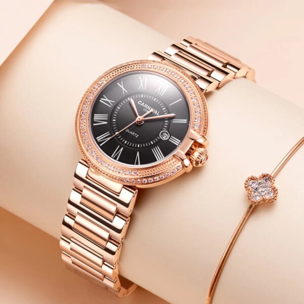 Reloj Mujer CARNIVAL Rose Gold Womens Watches Top Brand Luxury Waterproof Watch Fashion Ladies Steel Casual Quartz Clock 2023