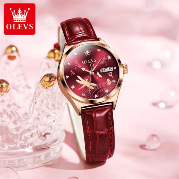 Reloj Mujer OLEVS Automatic Mechanical Women Watches Fashion Rose Gold Leather Strap Ladies Watch Romatic Girlfriend Gift