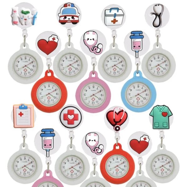 Retractable Hospital Medical Icon Love Stethoscope Cartoon Nurse Doctor Pocket Watch Hang Clips Badge Reel Quartz Watches Clock