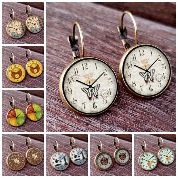 Retro Clock Pocket Watch Pattern Earrings Clock Photo Glass Cabochon Women's Earrings Jewelry Creative French Pendant Earrings