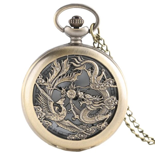 Retro Half Hunter Hollow Dragon & Phoenix Design Pendant Men Women Pocket Watch Chain Fashion Cool Clock Children Gift reloj