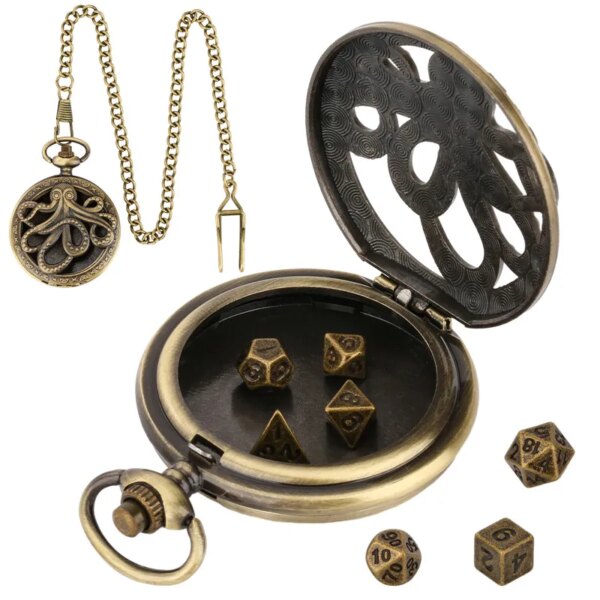 Retro Hollow Octopus Pocket Watch Case Pendant Chain with 7pcs Metal Polyhedral Dice Game Accessory