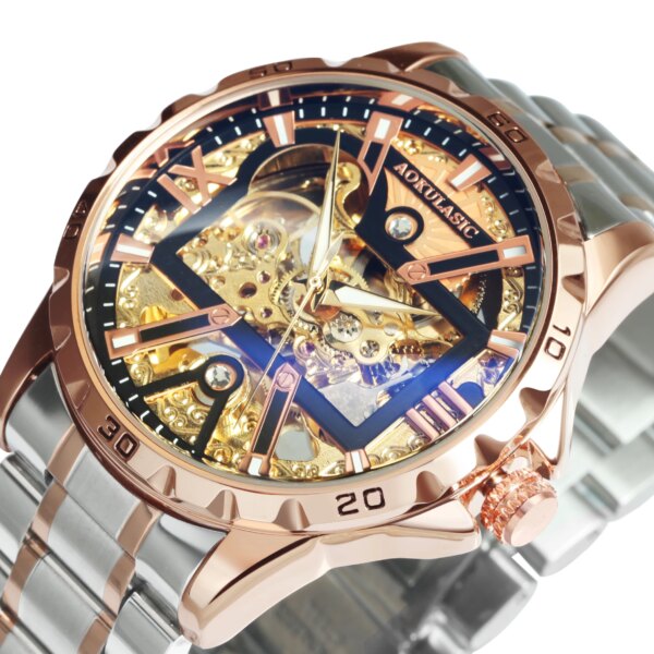 Royal Gold Skeleton Automatic Watch for Men Luxury Brand Iced Out Mechanical Watches Stainless Steel Strap Luminous Hands Clock