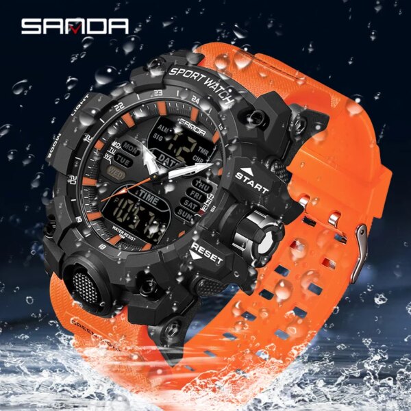 SANDA Sports Military Mens Watch Luxury LED Digital Watch Fashion Outdoor Electron Quartz Male Wristwatch Dual Display Men Clock