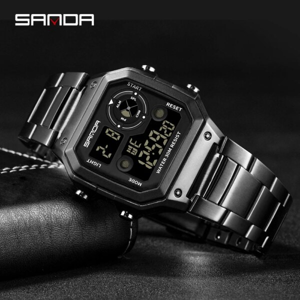 SANDA square steel band watch tide men’s watch hip hop Retro Gold Waterproof Leisure Sport Electronic Watch