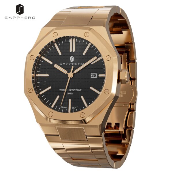 SAPPHERO Rose Gold Mens Watch Octagon Design 100M Waterproof Luxury Quartz Wristwatch for Men Business Date Luminous Clock